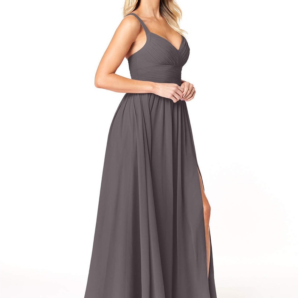 Azazie Chanel Steel Gray A-line Chiffon V‑Neck Maxi Dress with Side Slit A2